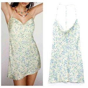 Zara S Structured Floral Mini Slip Dress Cowl Neck Strappy Racerback Ivory Blue